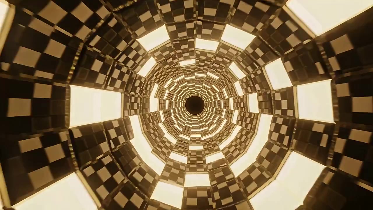 Telecamera in movimento che attraversa un tunnel centrale verso un'apertura scura, rivelando pannelli illuminati.