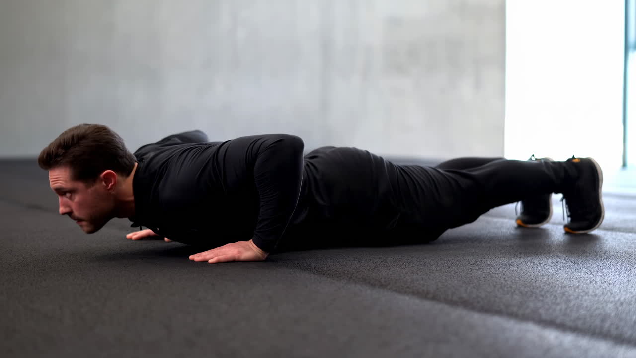 Uomo che esegue una sequenza di flessioni sul pavimento della palestra, atleta concentrato che esegue ripetizioni controllate in un ambiente minimale