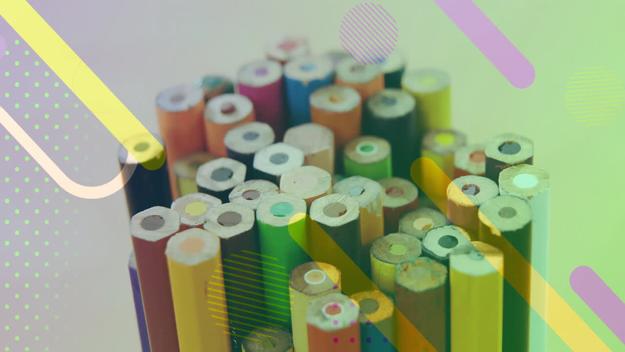 Colorful pencils in container with geometric shapes animation over them