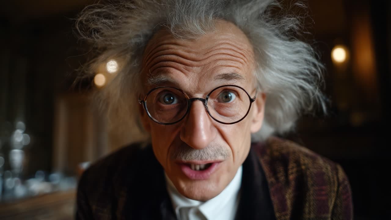 Un curioso scienziato con capelli selvaggi esprime emozioni e pensieri, catturati in due fotogrammi che mostrano espressioni diverse e una prospettiva unica sulla conoscenza