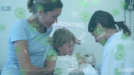 animation of statistics and covid 19 cells with doctor giving vaccination to boy with mother
