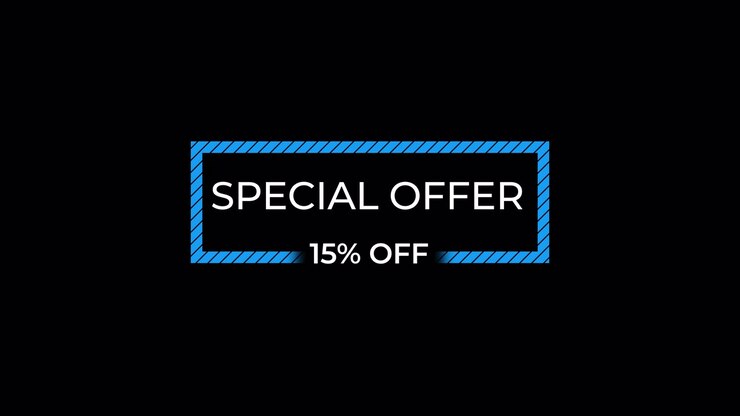 Animated Special Offer 15% Off Text with Blue Frame on Black Background