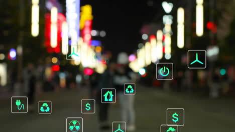 animation of floating icon in squares over people walking streets in city