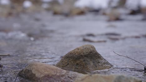 Rock-in-river,-icy-flowing-water-in-mountains