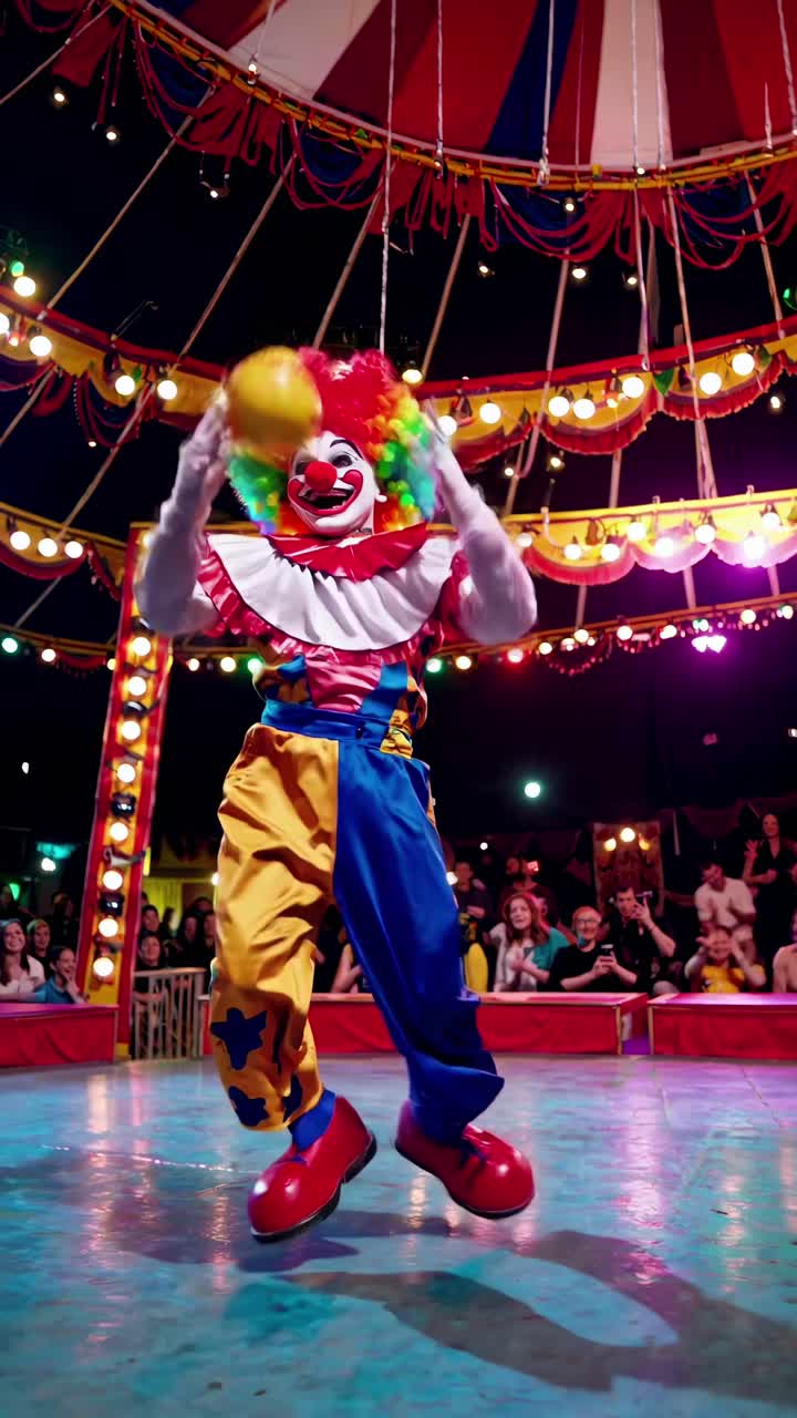 A vibrant clown juggles under colorful circus lights, captured from a low-angle shot