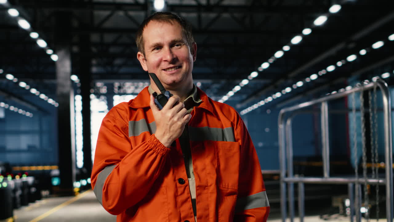 Industriarbejder bruger walkie-talkie til at kommunikere med personale