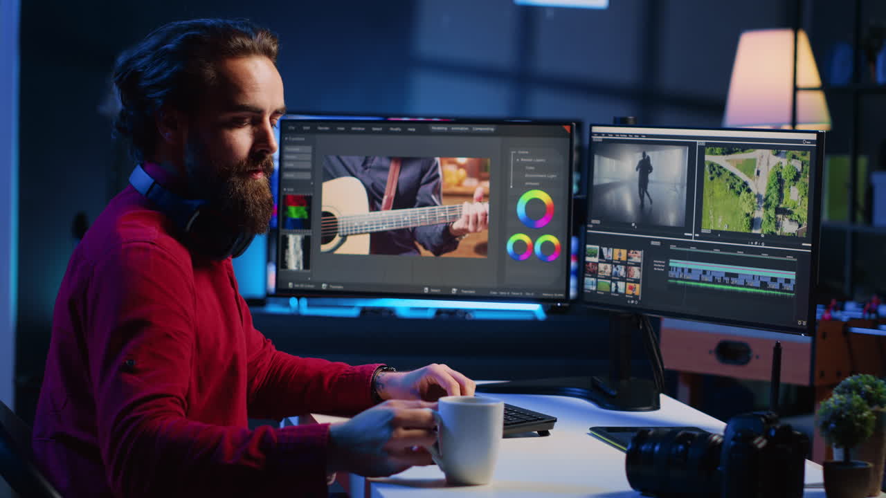 Video editor corrects faulty footage, grading and coloring, enjoys cup of coffee in creative studio