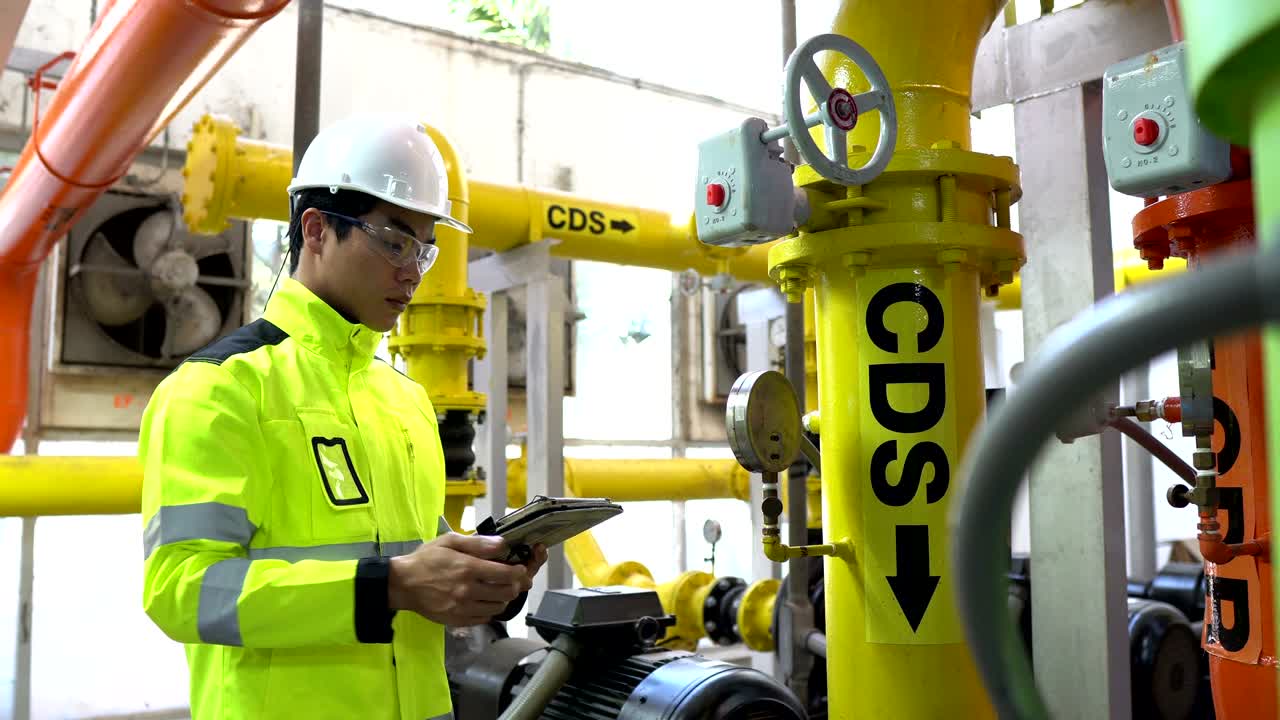 ingeniero asiático trabajando en la sala de calderas.