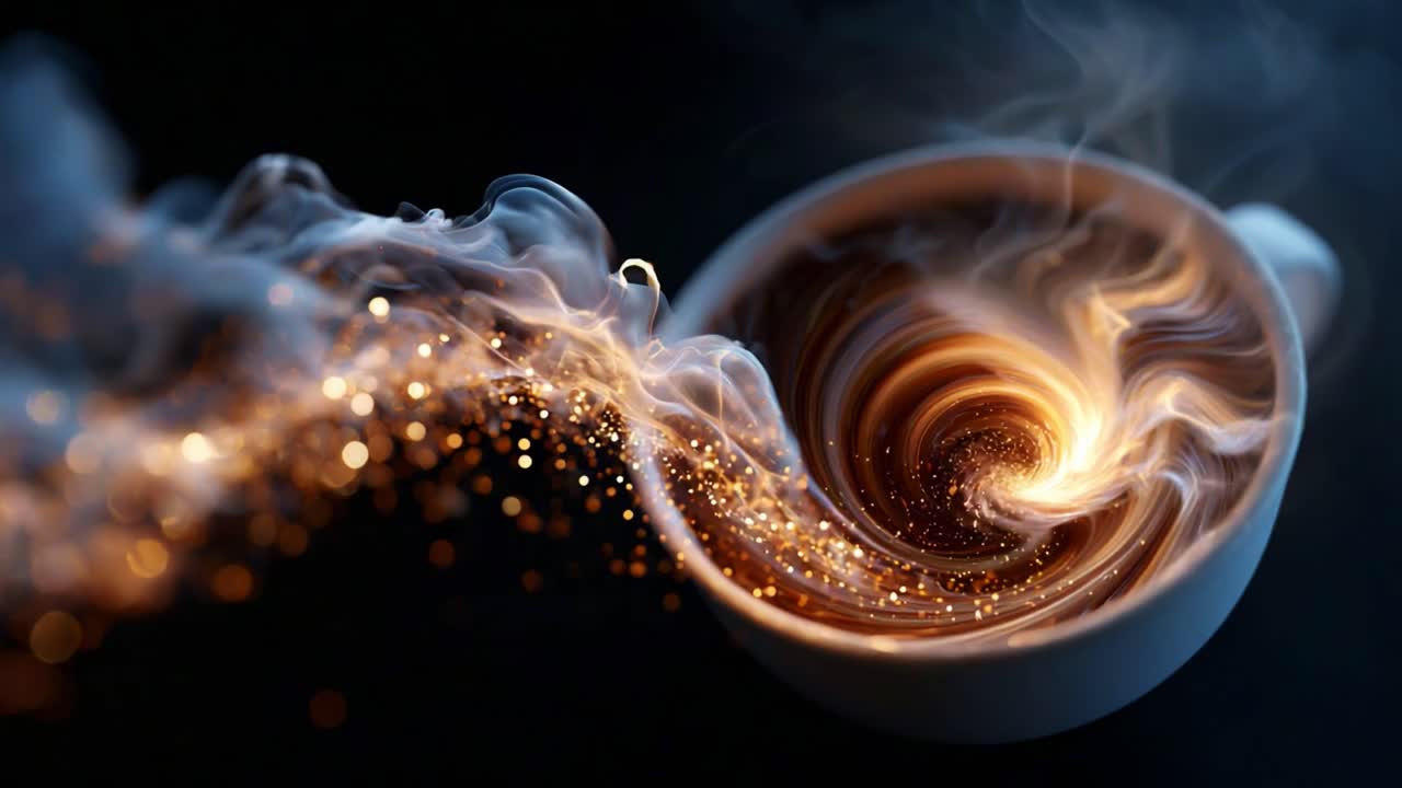 A mesmerizing swirl of steam and sparkling particles emanates from a beautifully crafted cup of coffee, creating an enchanting display of warmth and creativity in every sip