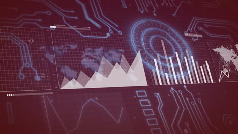 graphs and charts over digital animation of circuit board and world map