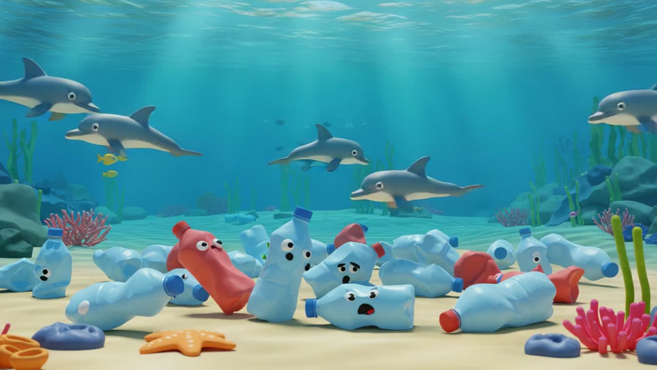 Animated Underwater Scene Featuring Playful Dolphins and Plastic Waste Illustrates the Environmental Impact of Ocean Pollution on Marine Life