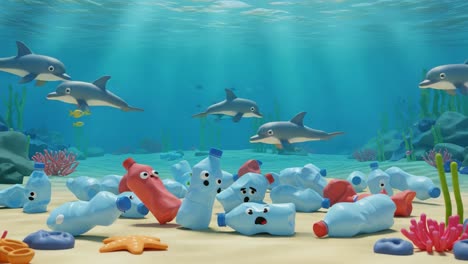 animated underwater scene featuring playful dolphins and plastic waste illustrates the environmental impact of ocean pollution on marine life