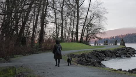 Young-woman-walking-her-small,-black-dog-in-a-blue-harness-by-the-Pacific-Ocean-in-a-lush-green-park-on-a-nice-winter-afternoon-in-Vancouver,-Canada