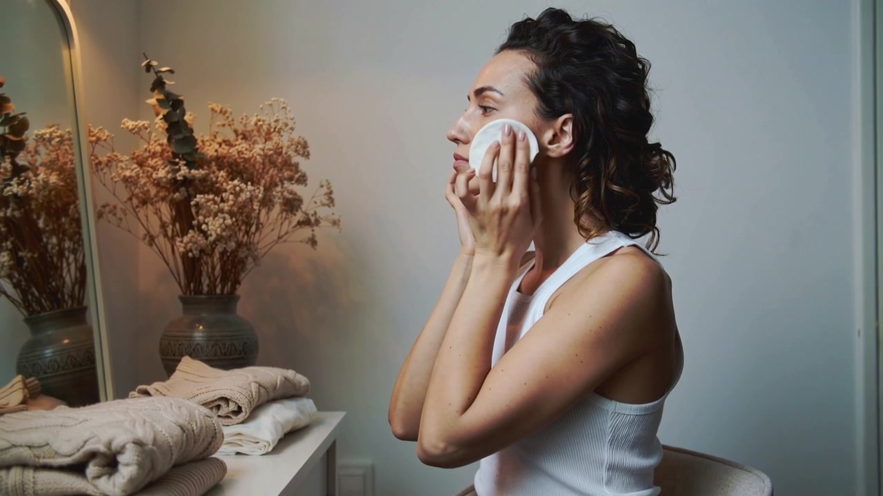 Holding cotton pad to nose, wiping woman in white tank at vanity cleaning right cheek, neck