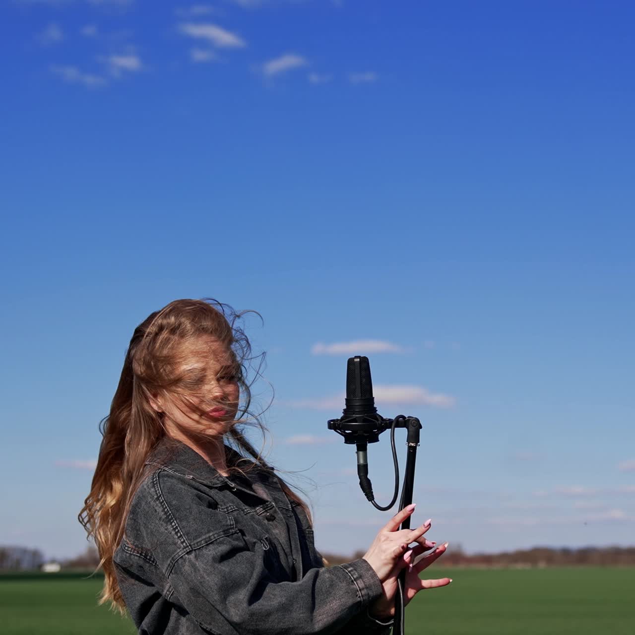Singer moving her head near the microphone in nature. Attractive girl singing and dancing on green field under blue sky