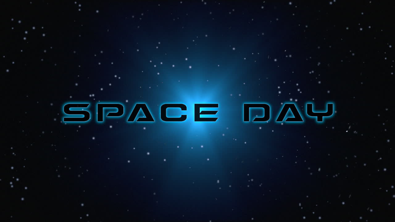 Enigmatic and futuristic illuminated Space Day shimmers on dark blue background