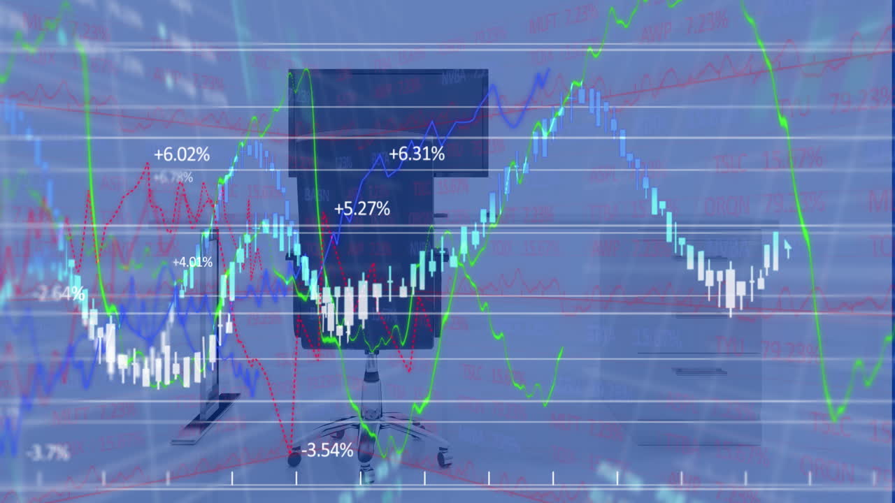 컴퓨터로 오피스 데스크에서 금융 데이터 처리의 애니메이션