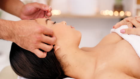 face acupuncture, health and woman at spa