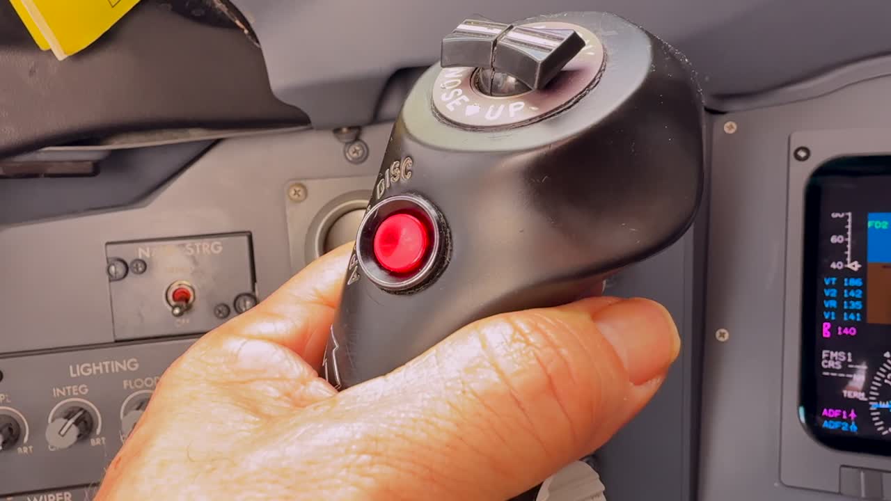 現代的なジェット機を操縦するため、赤色の自動操縦解除ボタンを押す白人パイロットの手のクローズアップビュー