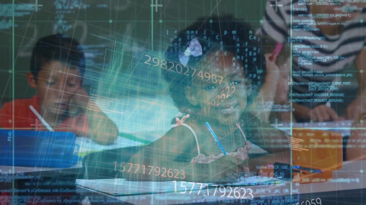 Girl writing at desk after teacher prompt, data overlay sweeping and highlighting education task