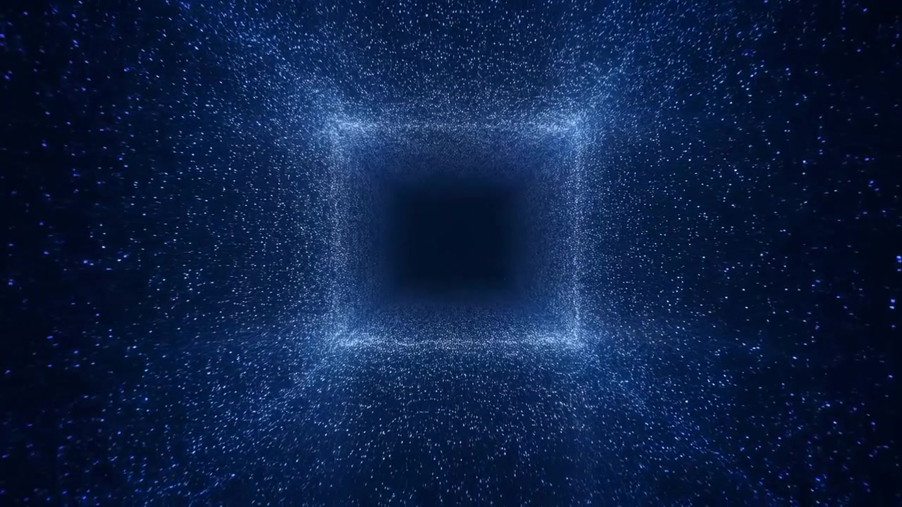 Dark abstract scene featuring a bright square opening at the center, surrounded by flowing blue particles and a luminous digital tunnel effect on a deep