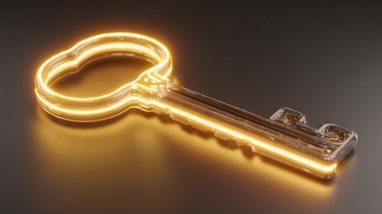 Luminous golden key made of glass slowly rotating on a dark, reflective surface. The inner light pulses gently, symbolizing concepts like solution, access, opportunity, and success