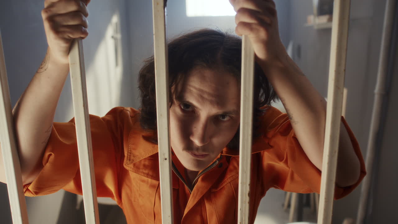 Portrait of Inmate Gripping Prison Bars and Staring at Camera