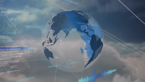 animation of globe over connected dots against aerial view of dense clouds in background