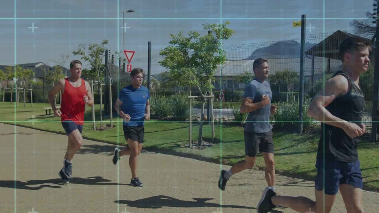 six male runners starting fitness training and jogging paved suburban park path while pack thinning