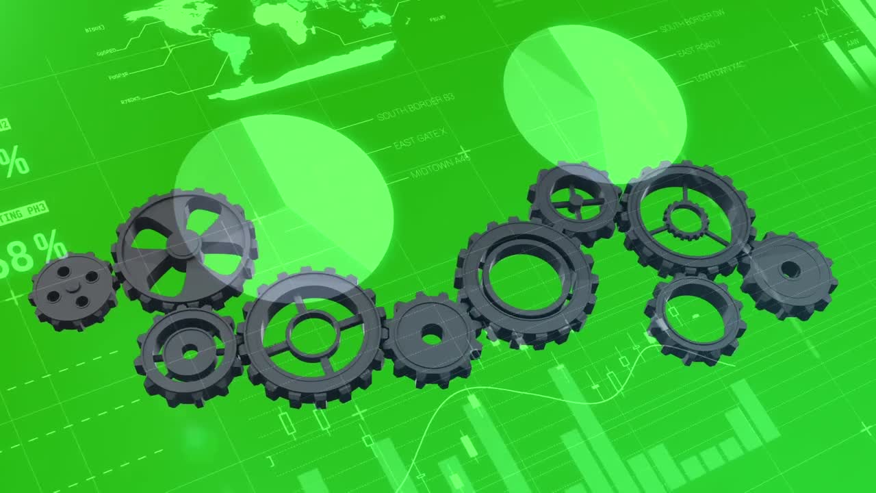 Animation of gears rotating over graphs on green background