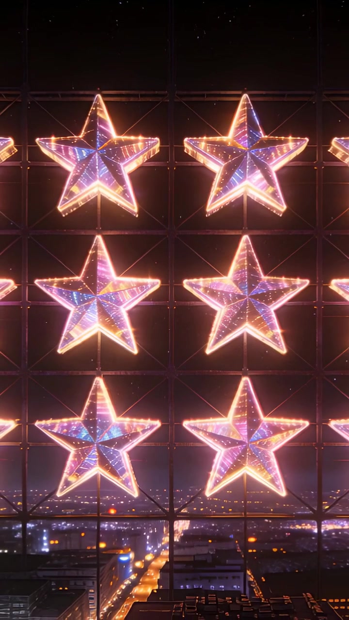 Video verticale: Avvio del programma di illuminazione, sei luci a forma di stella che pulsano, cambiando tonalità in una finestra della città.