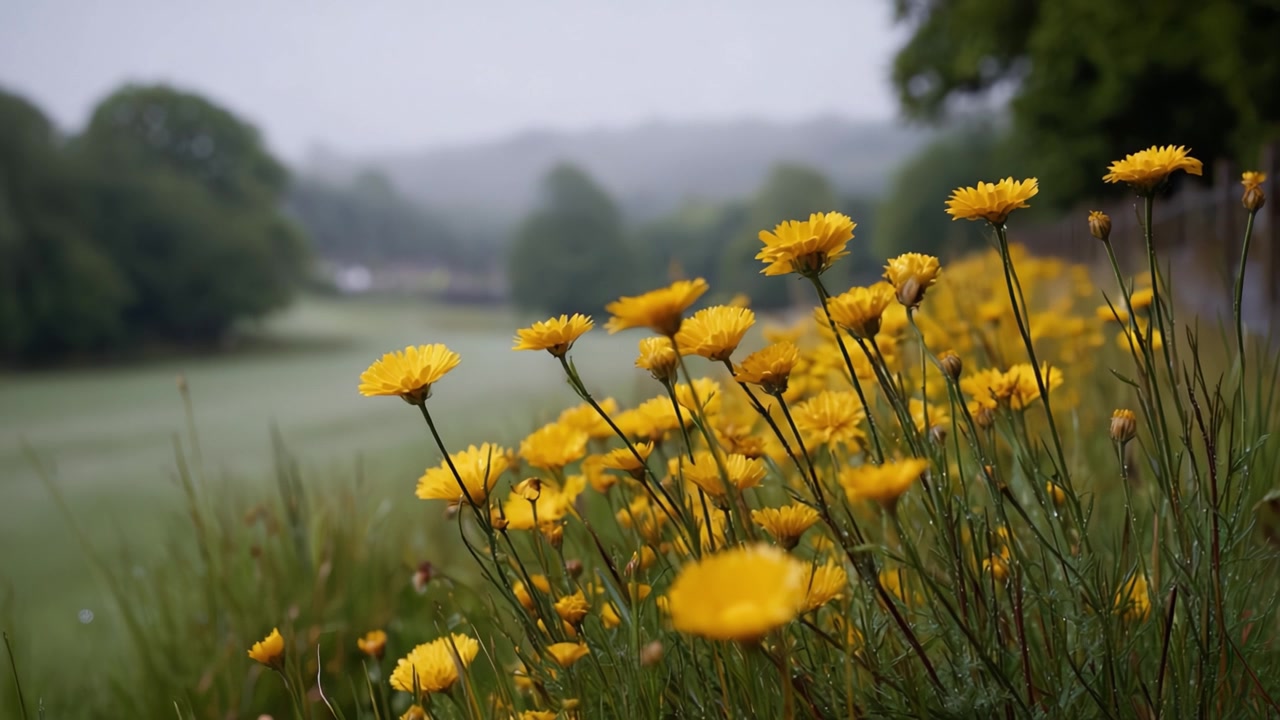 Vivaci fiori selvatici gialli che si estendono su un paesaggio nebbioso, mostrando la bellezza della natura in una scena pittoresca di vegetazione lussureggiante e luce soffusa del mattino.