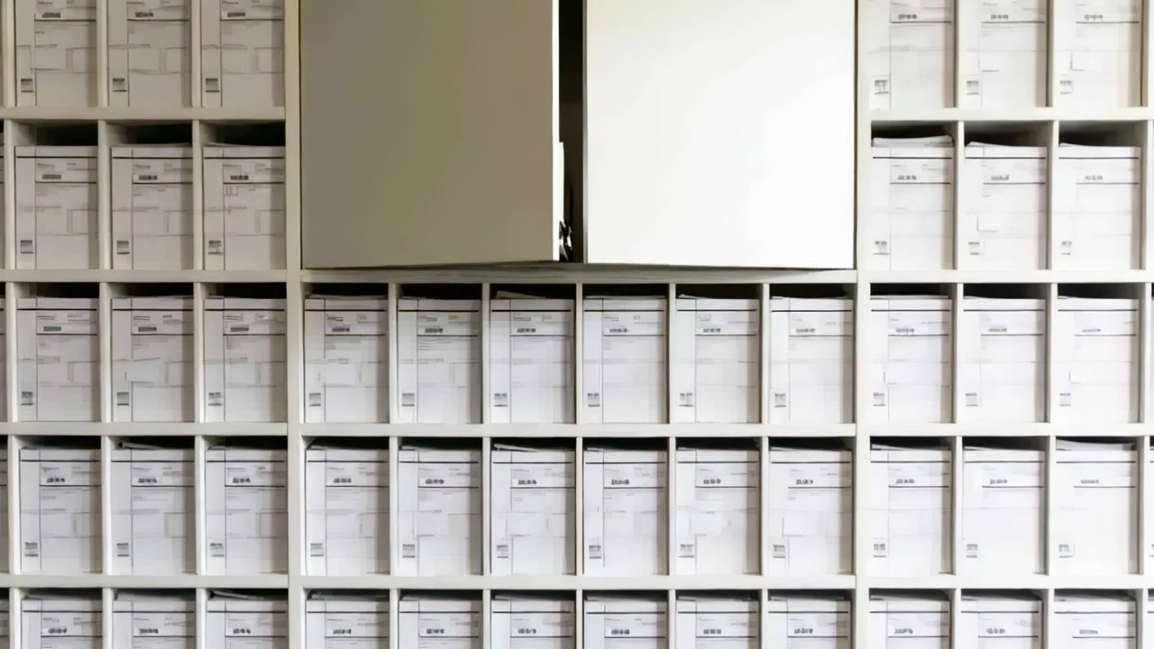 Opening top cabinet door when sequence starts in archive, revealing dark interior and labeled boxes