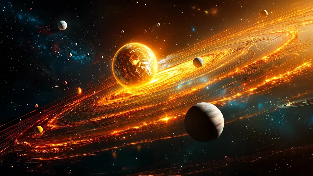 Glowing star with massive swirling golden accretion disk in space. Bright golden sun or planet surrounded by a wide swirling cosmic debris ring and distant planets.