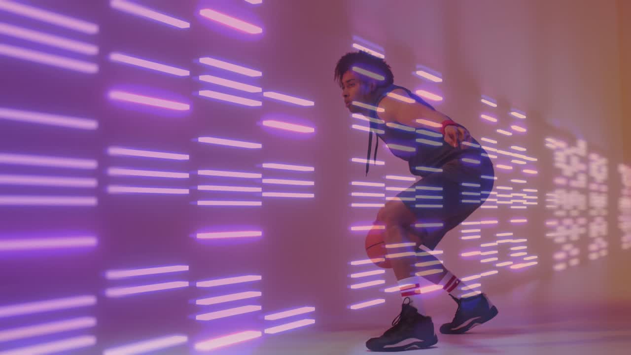 Animation of neon pattern and biracial basketball player