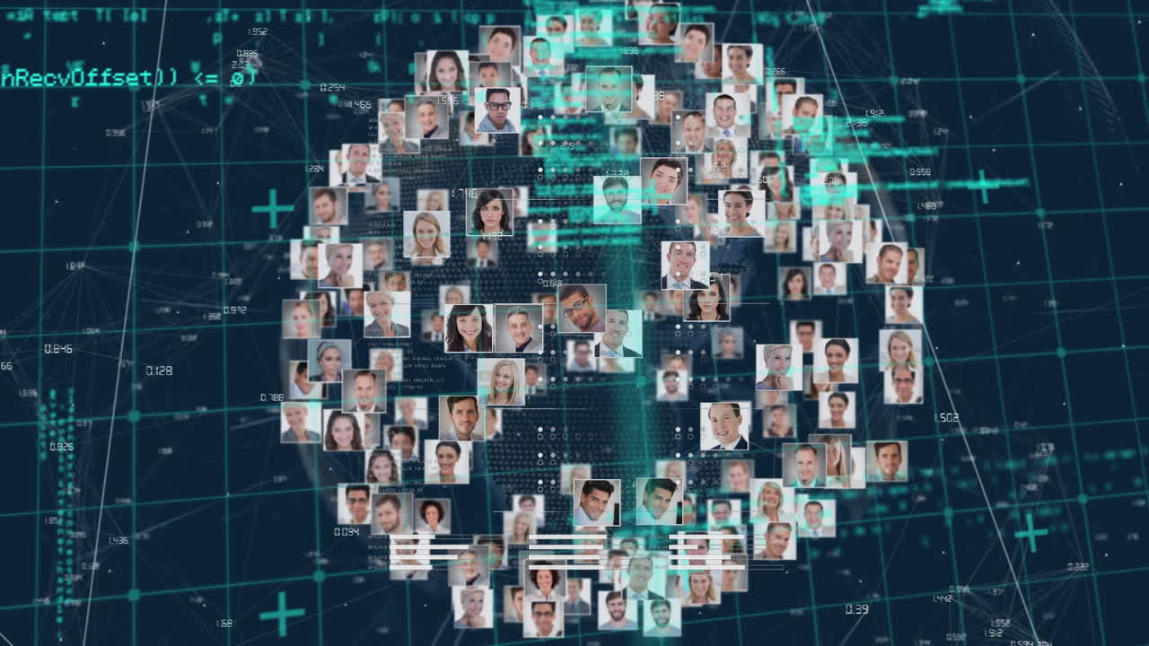 Digital animation of globe of business profile icons spinning and data processing on blue background
