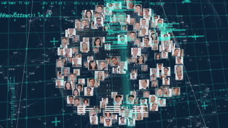 animación digital del globo de los iconos de perfil de negocios girando y procesamiento de datos sobre fondo azul