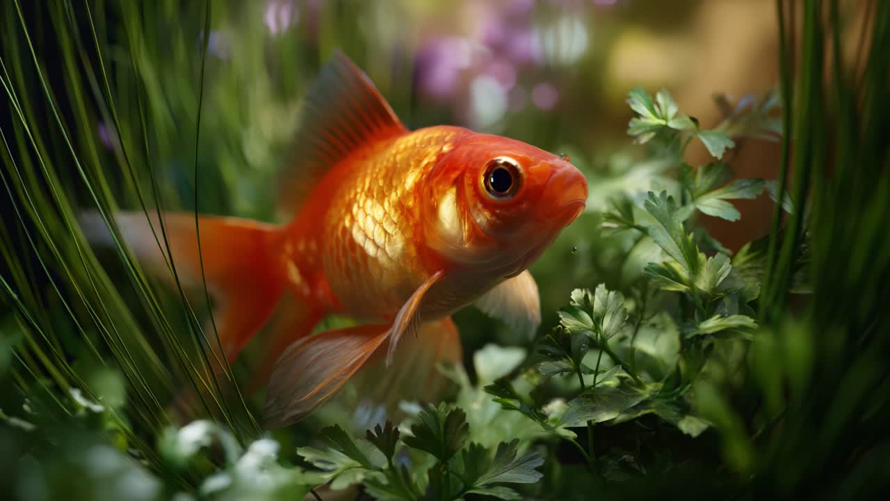 Um peixinho dourado majestoso nadando graciosamente por entre exuberantes plantas aquáticas verdes, exibindo cores vibrantes e um habitat subaquático sereno em detalhes de close-up