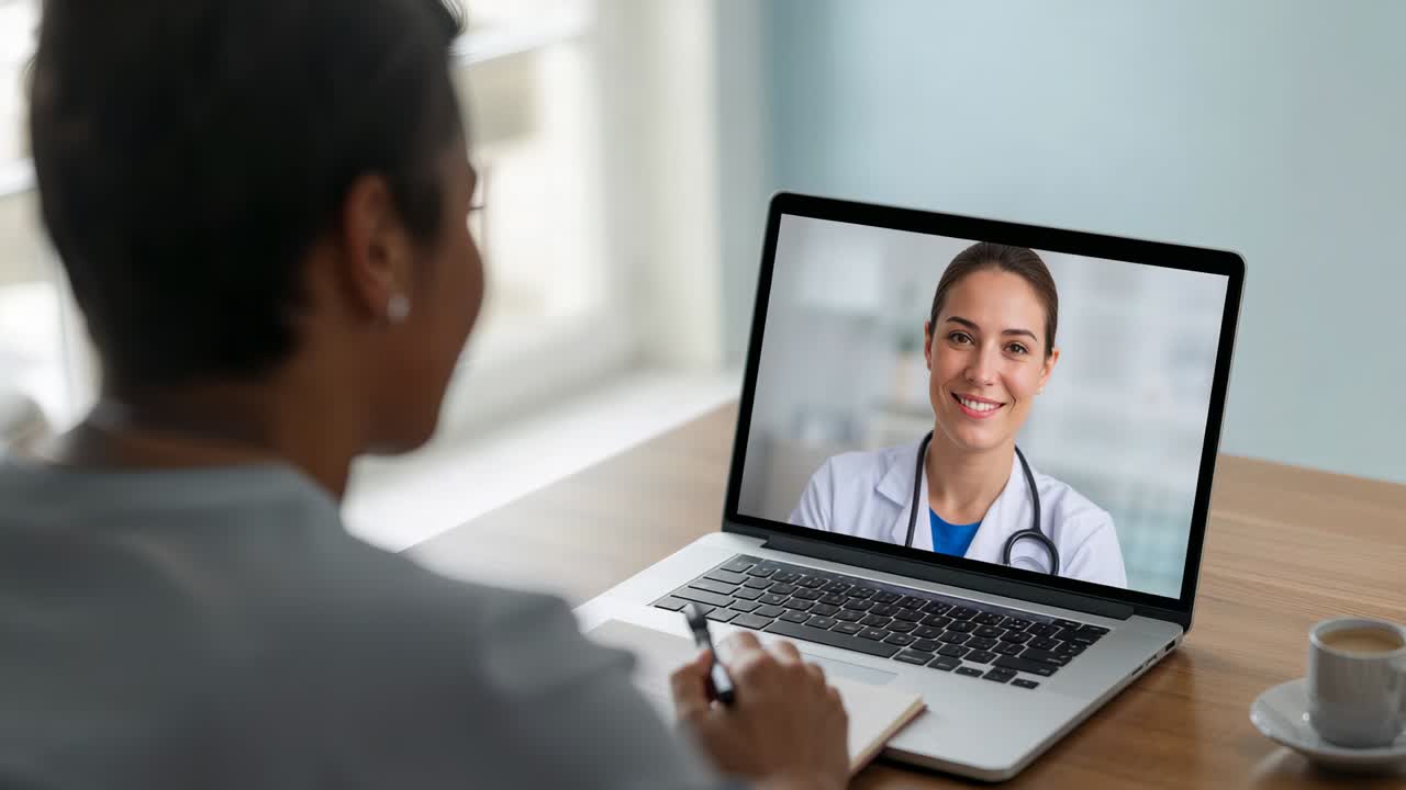 Um médico de jaleco escrevendo anotações sobre um paciente enquanto fala no laptop em casa para o cuidado, caneta, estetoscópio e notebook