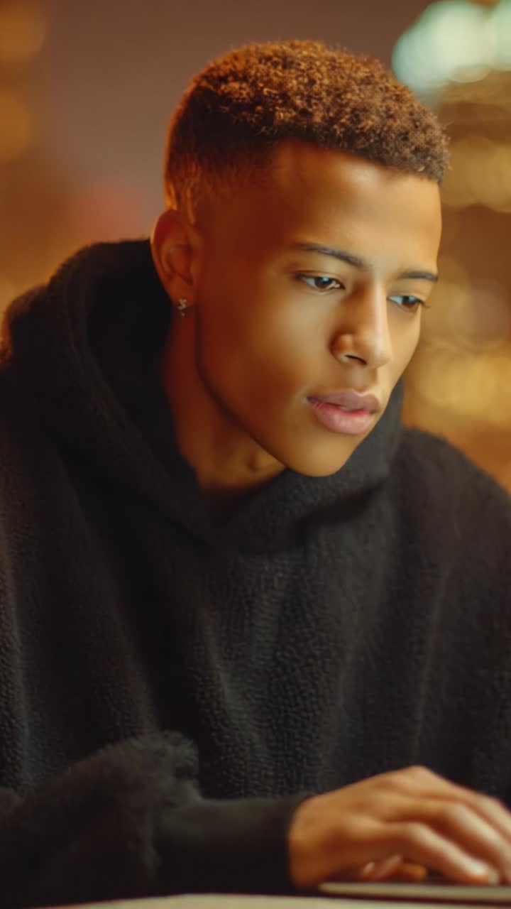 Um jovem contemplativo com um confortável hoodie preto, envolvido em uma atividade reflexiva, olha pensativamente enquanto é iluminado pelas luzes noturnas suaves e quentes da cidade