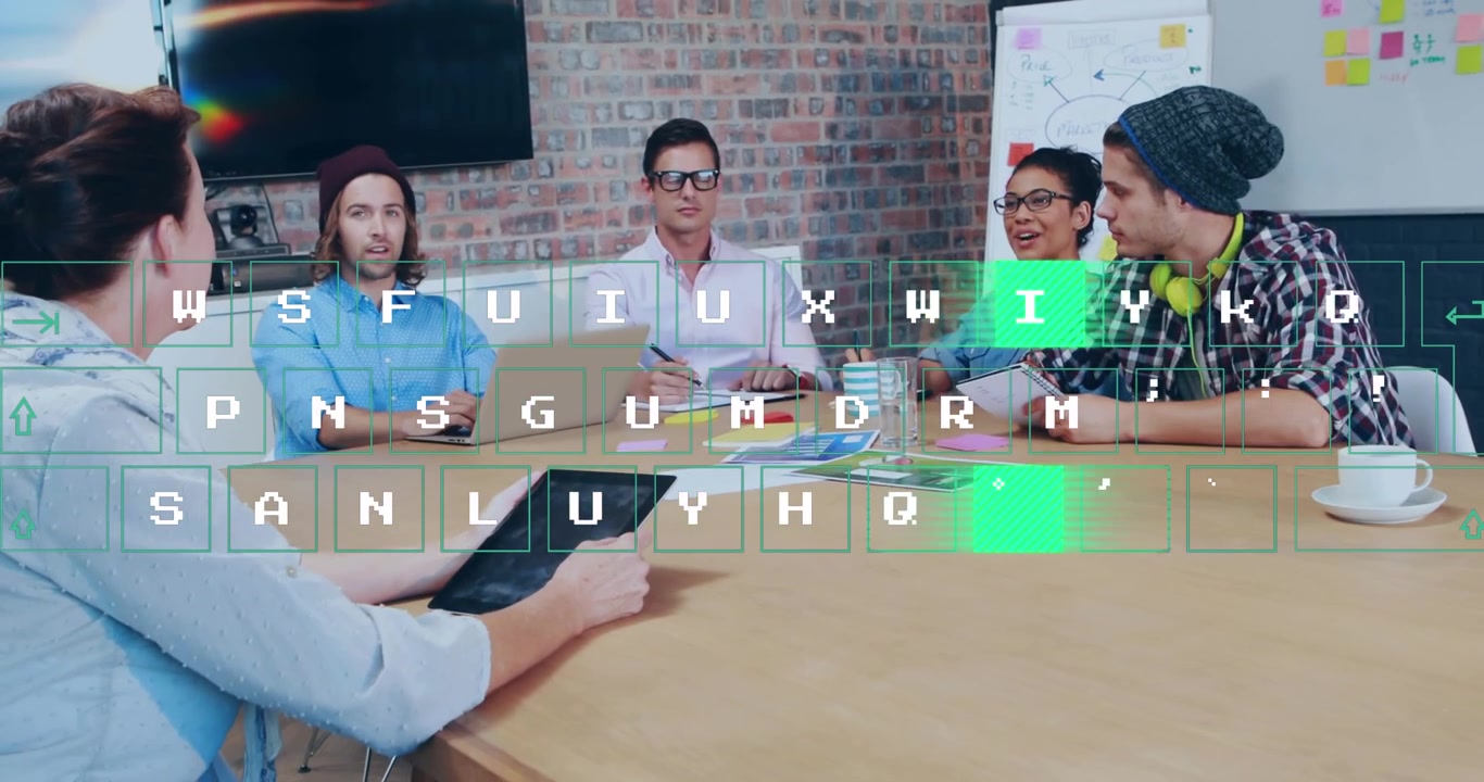 Animazione di un motivo illuminato che si muove sulle lettere, con colleghi diversi che discutono rapporti in ufficio.