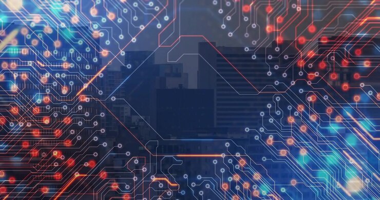 White outline appearing over skyline and circuit grid growing nodes pulsing representing data flow