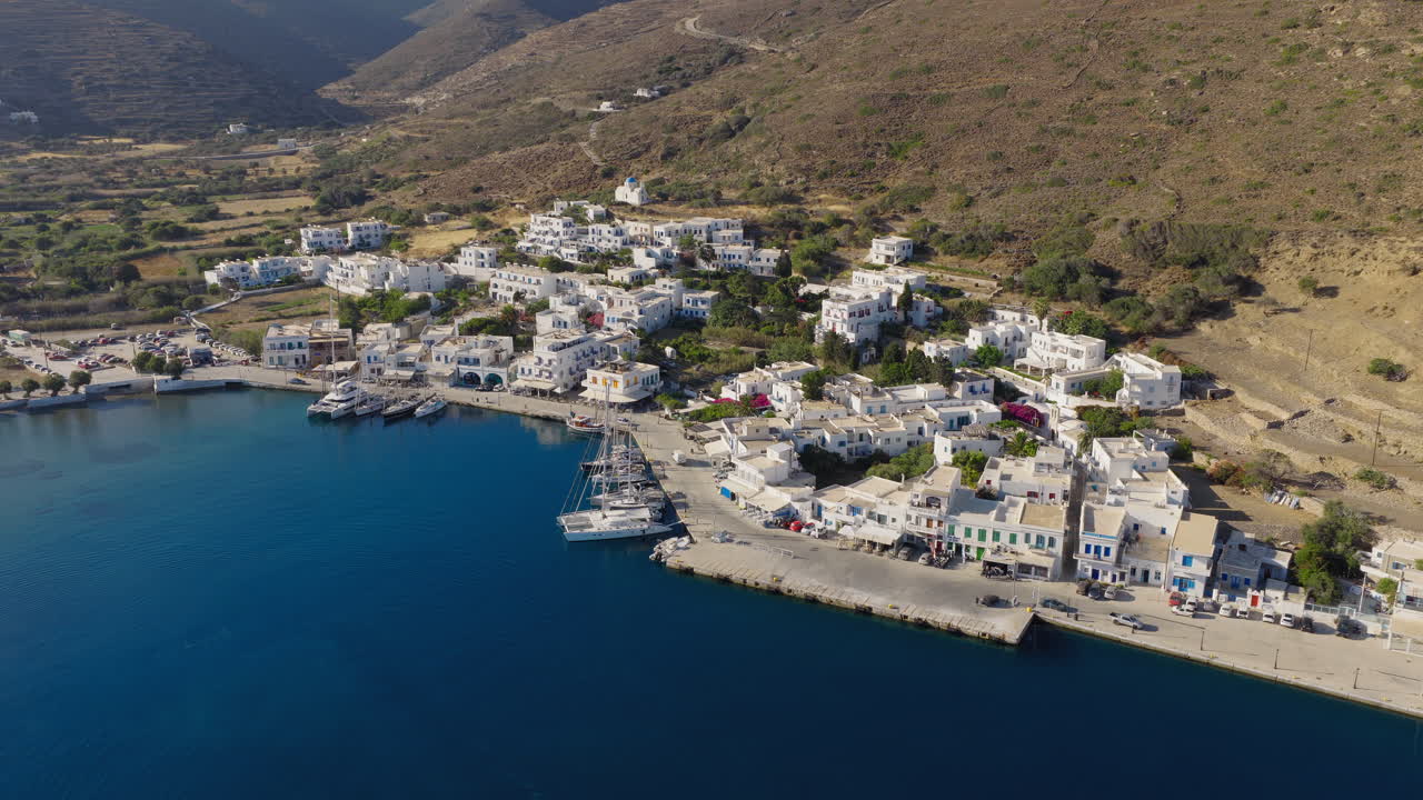 Katapola port village on Amorgos island, Aerial descending shot