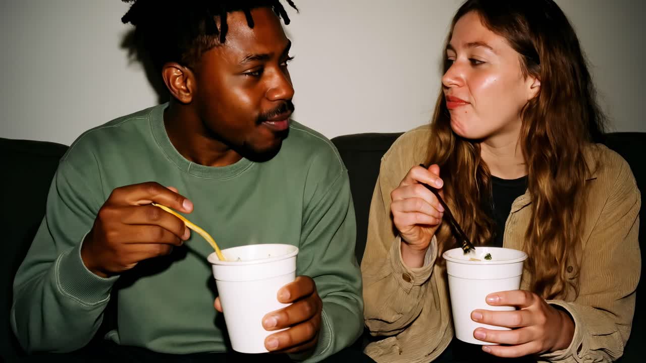 Imagem estática de vídeo em close-up de duas pessoas desfrutando de macarrão instantâneo, capturada de um ângulo frontal. Casual