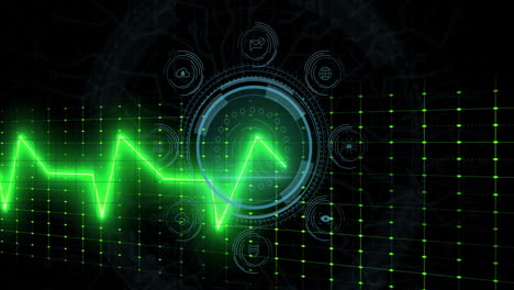 animation of green digital pulse line on futuristic interface with circular icons