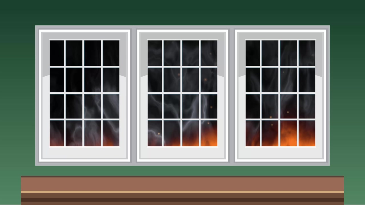 Realistic orange flames and white smoke rise behind a white window frame against green walls.
