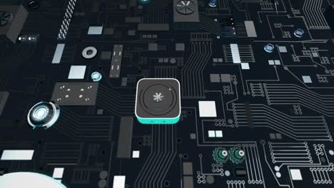placa de circuitos futurista metálica azulada con icono de seguridad