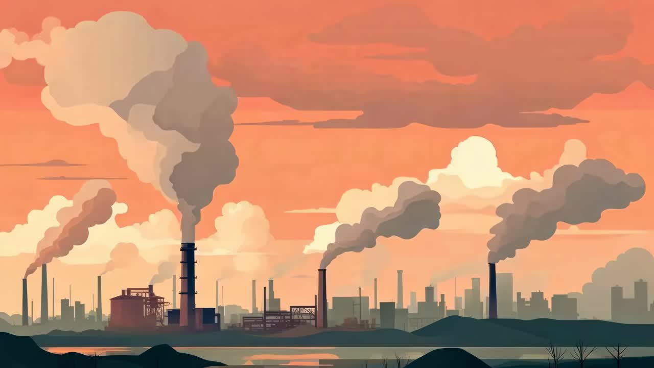 Illustration of a factory skyline emitting smoke at sunset