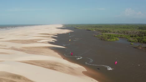 Aerial:-Kitesurfing-in-the-river-delta-of-Parnaiba,-Northern-Brazil