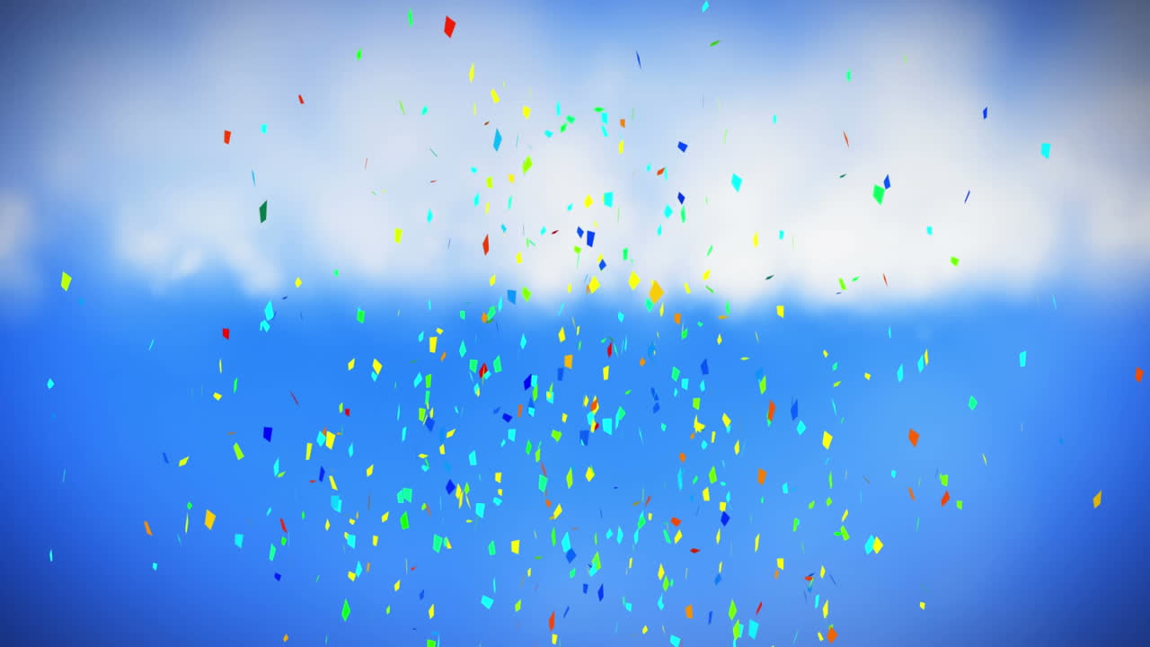 파란 하늘과 구름 위에 떨어지는 다채로운 콘페티의 애니메이션
